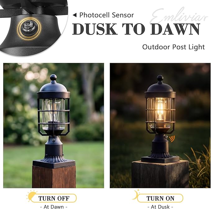 Emliviar Dusk to Dawn Black Lamp Post Light Fixture, 14 Inch Outdoor Pole Light for Porch with Photocell Sensor, Outside Pillar Lantern with Clear Tempered Glass Shade, GE255P-L-PC BK