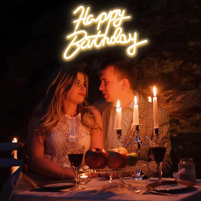 Happy Birthday Neon Sign for Wall Party Decor, LED Happy Birthday Light up Sign for Backdrop, 16"x 11" USB Powered 10 Brightness Settings Light up Signs Party Decorations Backdrop, Warm White