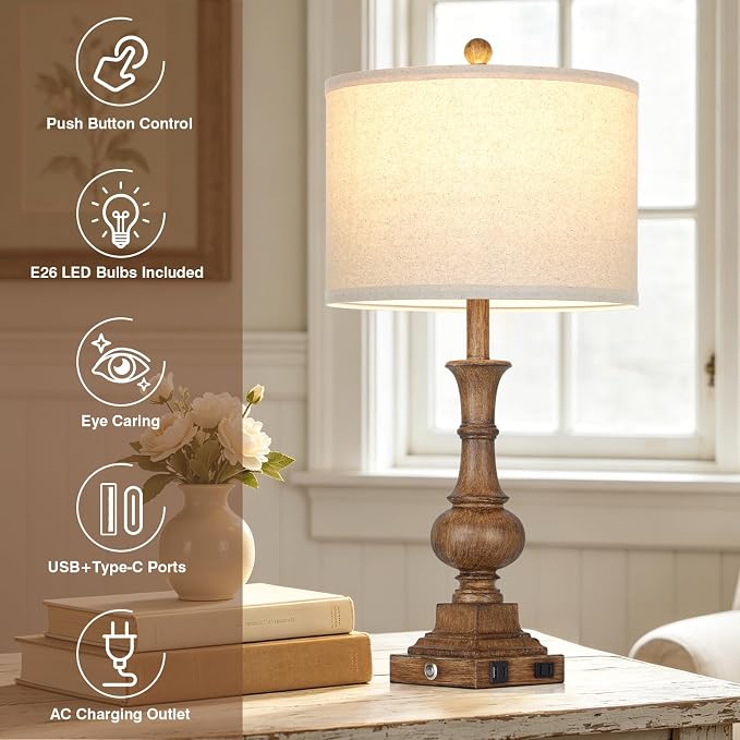 26" Tall Farmhouse Table Lamp,Bedside Lamps for Bedroom | Antique Brown,USB A/C Charging Ports & AC Outlet,3-Way Dimmable Touch Control,Vintage Rustic,Living Room,Nightstand,End table