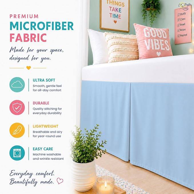 Cottington Lane Tailored Box Pleated College Dorm Bed Skirt Twin XL, Hotel Quality Premium Brushed Microfiber Extra Long Bedskirt Twin XL 25 Inch Drop, Light Blue Dorm Bedding