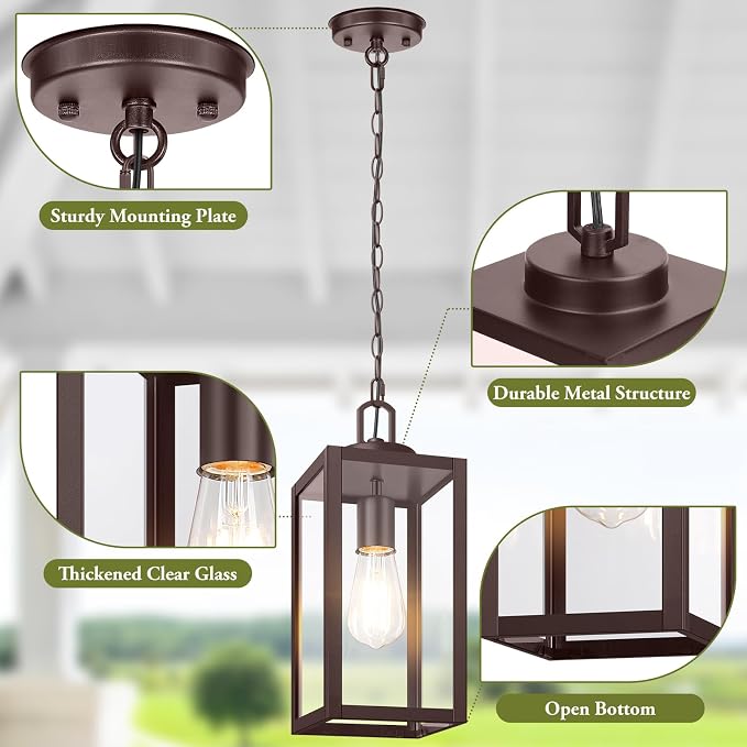 Outdoor Pendant Light, Modern Hanging Lantern for Porch, Brown | Hanging Height Adjustable, Waterproof, Rust-Resistant, Durable Metal & Clear Glass, Standard E26 Sockets, Easy to Install