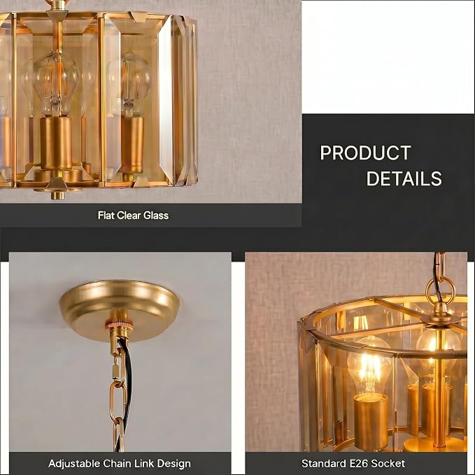 Gold Chandeliers for Dining Room,3-Light Pendant Lights Kitchen Island Round, Height Adjustable Modern Dining Room Light Fixture over Table for Kitchen Entryway Foyer Living Room, UL Listed, 13 Inch