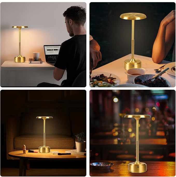 Cordless Rechargeable Modern Metal Table Lamp, Touch Dimming, 3-Color | Gold, 5200mAh Battery, Portable LED Desk Light, Touch Sensor, Suitable for Night Light/Restaurant/Night Stand/Coffee/Bar