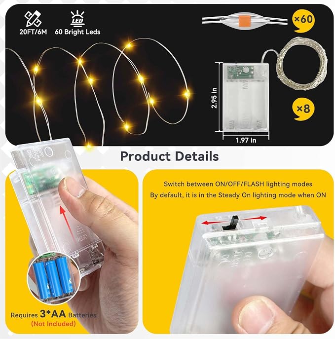 LitHome 8 Pack Warm White Fairy Lights Battery Operated, Each 20 FT 60 LED | Twinkle Lights Battery Operated 2 Modes, Waterproof Fairy String Light for Classroom Indoor Bedroom Christmas Wedding Decor