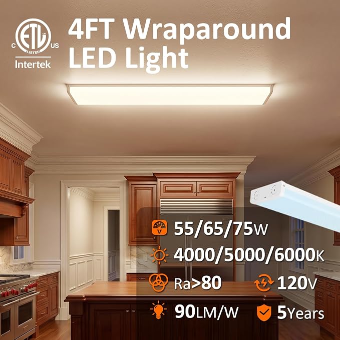 4FT LED Wraparound Light, ETL Listed 3 CCT & 3 Wattage Wrap Light Fixture, 75W/65W/55W 4000K/5000K/6000K Ceiling Light for Garage, Workshop, Closet, Kitchen, Shop, Laundry