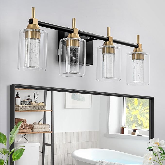 Vanity Light with 3 Color Modes (3000K/4000K/6000K), Eye Protection LED Bathroom Light Fixture, Dimmable Modern Wall Light Over Mirror with Clear Glass Shade (Black and Gold, 4-Light)