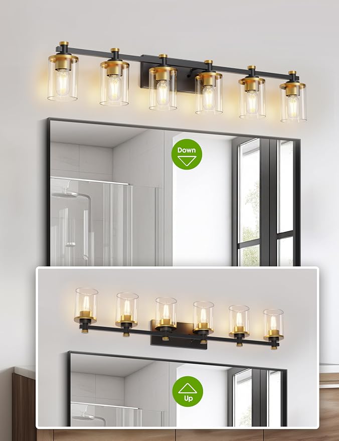 Bathroom Light Fixture, Bathroom Vanity Light Over Mirror, 6-Lights | Vanity Lights for Bathroom, Modern Lighting Fixtures with Clear Glass Shade, Black and Gold Vanity Lights, ETL Listed