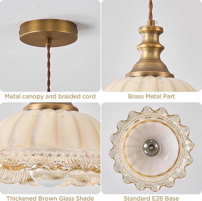 HDDFL Glass Pendant Lights Modern Pendant Lighting Fixtures 11.8 in Hanging Lamp for Kitchen Island Bedroom Dining Room Coffee Shop Hallway Brown and Brass