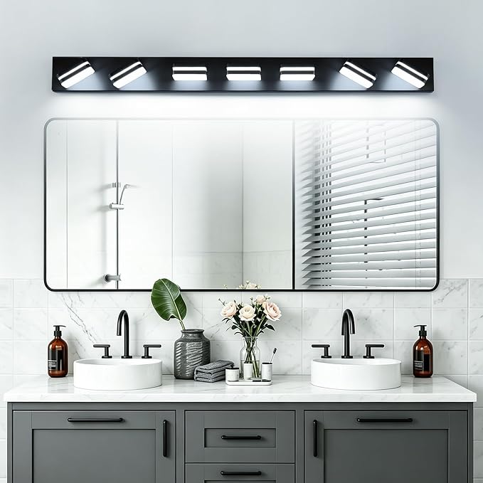 Torondo 360° Rotate LED Bathroom Vanity Light Fixtures, Acrylic Vanity Lights for Bathroom, Modern Wall Lighting Fixtures Over Mirror Living, Matte Black, Natural White, 7-Light, 46-Inch