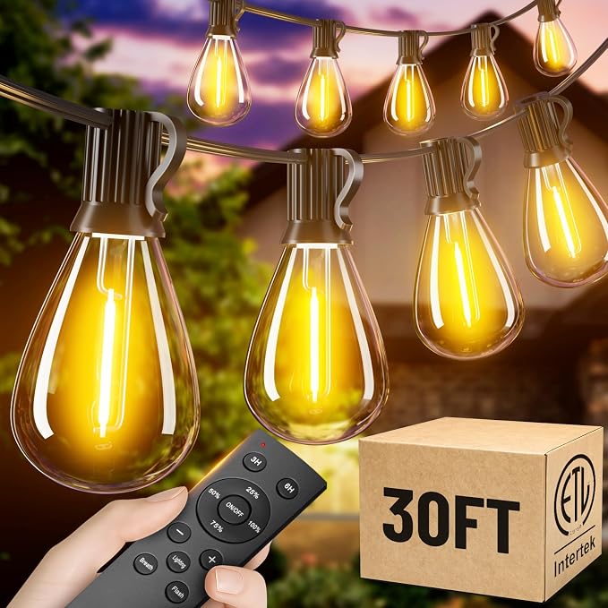 30FT Outdoor String Lights with Remote, Waterproof Patio Lights with 10+1 Shatterproof LED Bulbs,Dimmable Hanging Decor for Backyard Garden Porch Bistro, Timer & 3 Modes,2700K Warm White