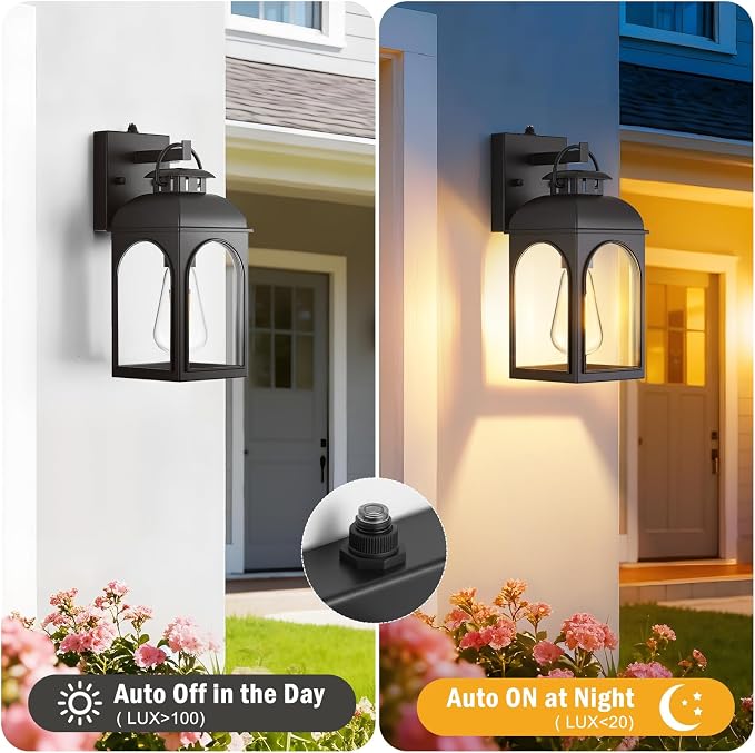 EJIAXIN 2 Pack Dusk to Dawn Outdoor Lighting, Matt Black Porch Lights | Waterproof Metal Construction,Rust-resistant,Clear Glass Shades,Quick Installation,Outside Lights for Doorway,Garage,Patio