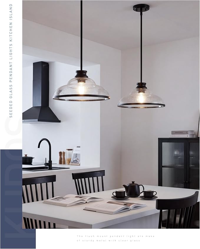 kudos 14" Black Seeded Glass Pendant Light Kitchen Island, KDPL14-BK-M | E26 Bulb Base, Hardwired, Farmhouse Styling, Adjustable Hanging Rods for Flat or Sloped Ceilings, for Kitchen Bars