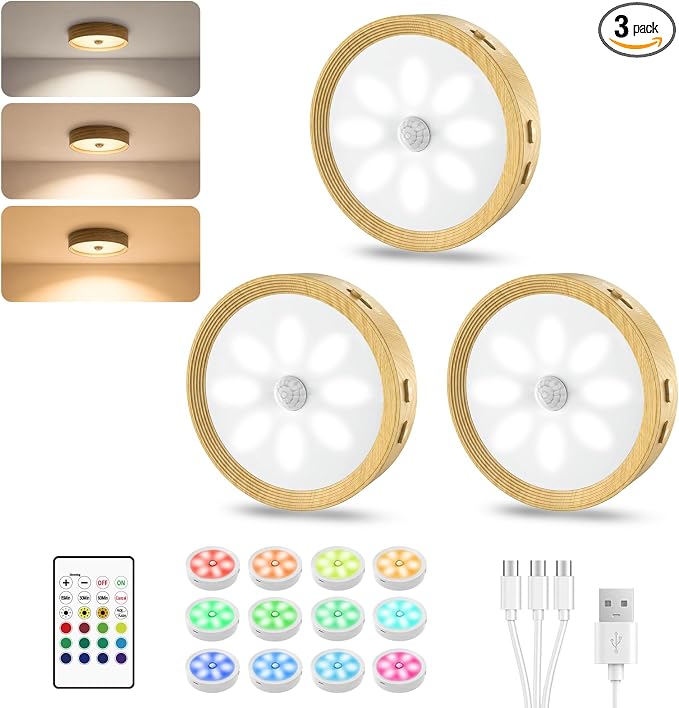 3 Pack Under Cabinet Lighting, LED Puck Lights with Remote, Rechargeable Motion Sensor Lights Indoor, Dimmable Stick On Lights 3 Color Temps & 12 RGB Under Counter Lights for Kitchen, Stairs Wood