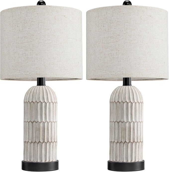 22.5" Bedside Table Lamps Set of 2, Farmhouse Table Lamp with USB A+C Charging Ports,Vintage Nightstand Lamp for Bedrooms and Living Rooms, Retro Resin End Table Lamp with Linen Shade, Black