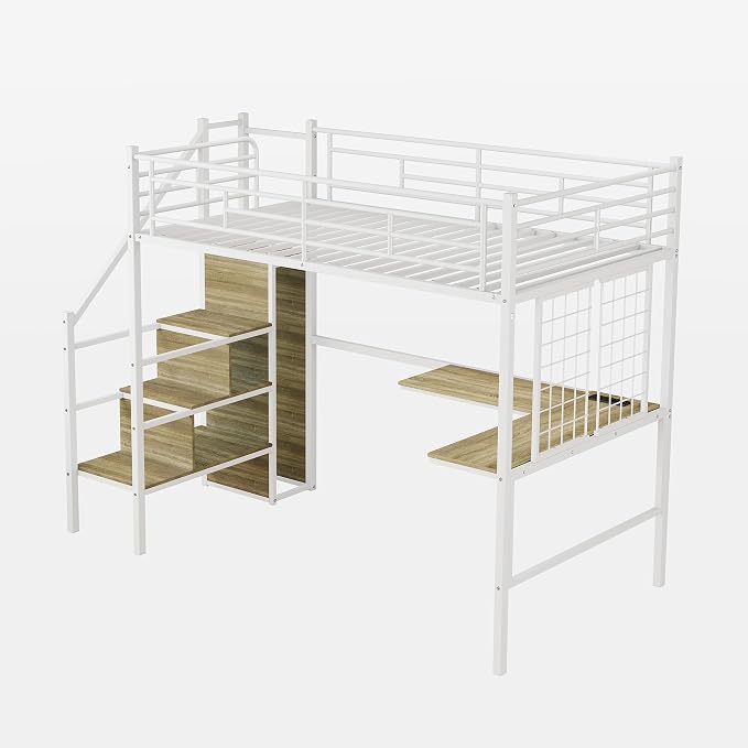 Twin Size Metal Loft Bed with Reversible Stairs & L-Shaped Desk,White | Storage Stairs,Wardrobe,L-Shaped Desk,USB Charging Station,Space-Saving for boys & Girls, Noise-Free, No Box Spring Needed