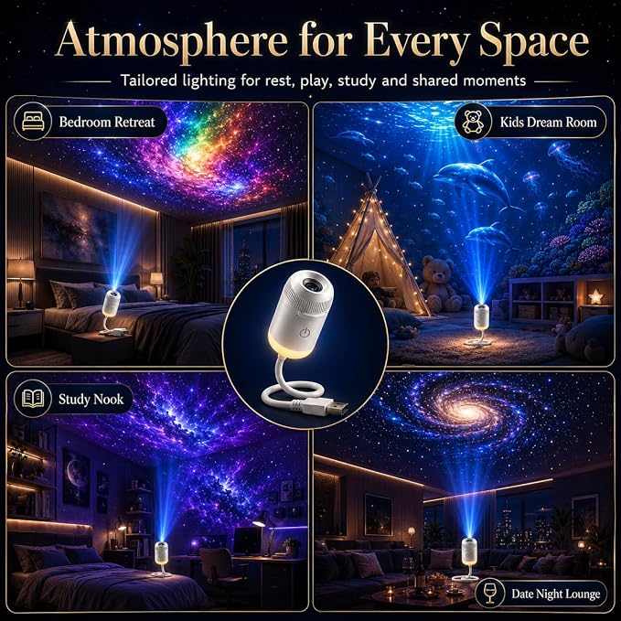 Galaxy Projector Night Light, 2-in-1 Holographic Star 5d Projector Plug and Play hd Star Smart Dynamic Ceiling Projectors Lamp 360° Space Starry Sky USB Projection (3 Projection Films)