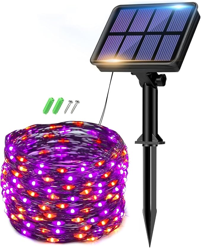 btfarm Solar Halloween String Lights Outdoor, Orange Purple | 80LED 33FT Solar Fairy Lights Outside Waterproof, 8 Modes Solar Powered Twinkle for Tree Garden Patio Spooky Decor