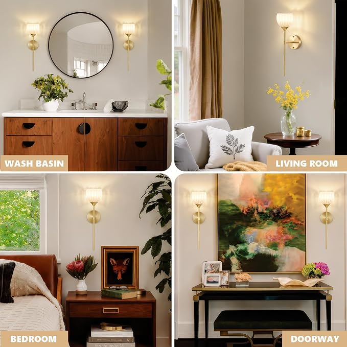 Vintage Battery Operated Wall Sconce Set of 2, White Tulip Glass Lampshade Wireless 5300 mAh Rechargeable Battery Powered LED Wall Light with Remote Dimmable for Bedroom Bathroom Living Room