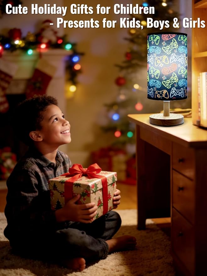 Video Game Table Lamp,Night Light for Kids Room,Cartoon Bedside Lamp 3-Color Dimmable LED Desk Lamp with Linen Lampshade and Wood Base for Bedroom Living Study Home Decor for Practical Gift for Boys