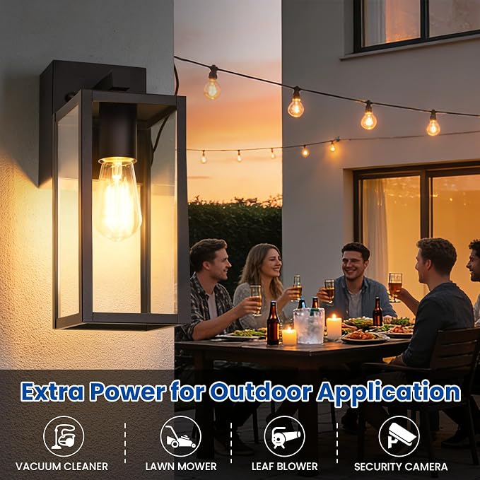 Outdoor Wall Light with GFCI Outlet, Dusk to Dawn Porch Light with Clear Glass and E26 Socket, Waterproof Anti-Rust Aluminum Exterior Lighting, Black Outside Lights for Patio, Front Door, Garage