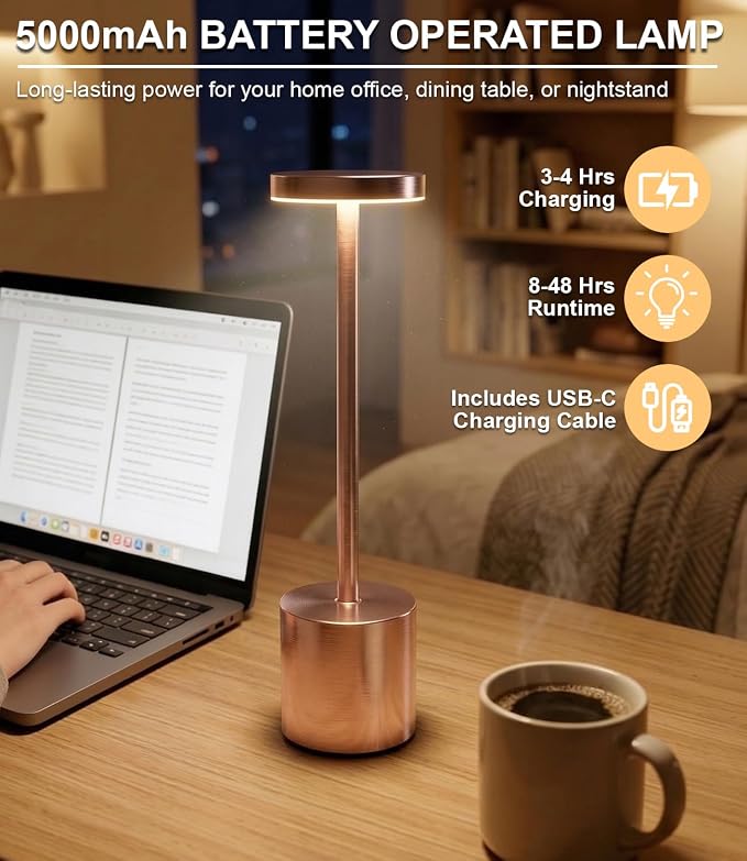 Cordless Table Lamps Rechargeable Set of 2, Portable LED Desk Lamp, 5000mAh Battery Powered Wireless Table Light - 3 Color Dimmable Lighting for Restaurant Dining Patio Outdoor Bedroom(Rose Gold)