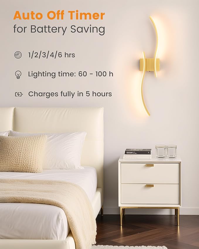 VOLISUN Battery Operated Wall Sconces Set of Two, 27.6 inch Wireless Wall Sconces, 3000K-6500K Dimmable Wall Lamps with Remote, Rechargeable Gold Wall Lights for Living Room, Hallway, Bedroom