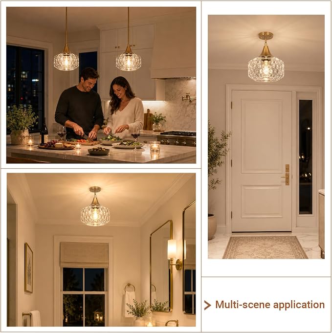 DSMJFU Gold Kitchen Island Pendant Lights with Hammered Glass for Island | 2-in-1 pendant & ceiling light; height adjustable; 90° rotation; adaptable different ceiling types;above kitchen sink light