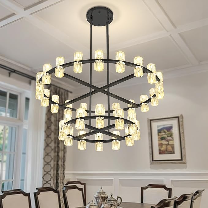D32''+D40'' Large Black Wagon Wheel Chandelier 72-Lights Black Round Chandeliers Glass Chandeliers for Dining Room,Living Room Vintage Chandelier