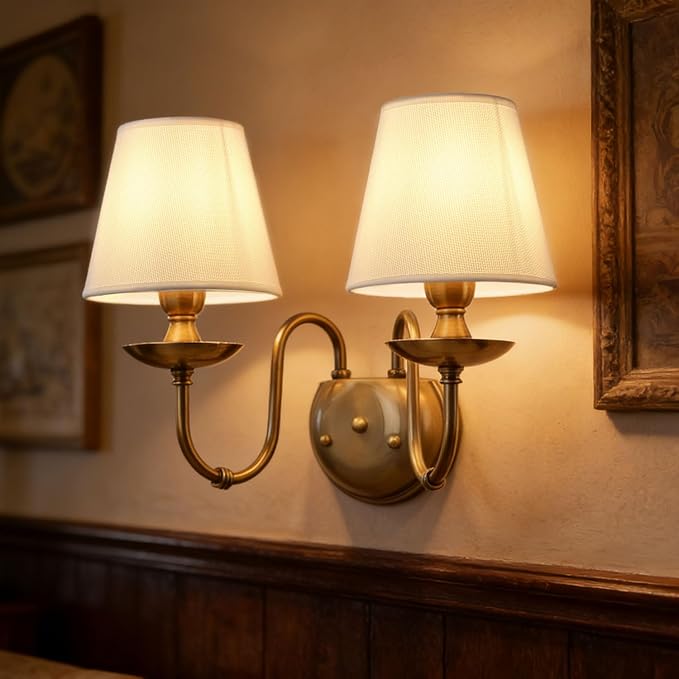 Aiwen 2-Light Bedroom Wall Lamps Polished Solid Brass Finish Wall Lights with White Flax Fabric Shade Vintage Reading Lights Wall Sconces for Bedside Hallway E12