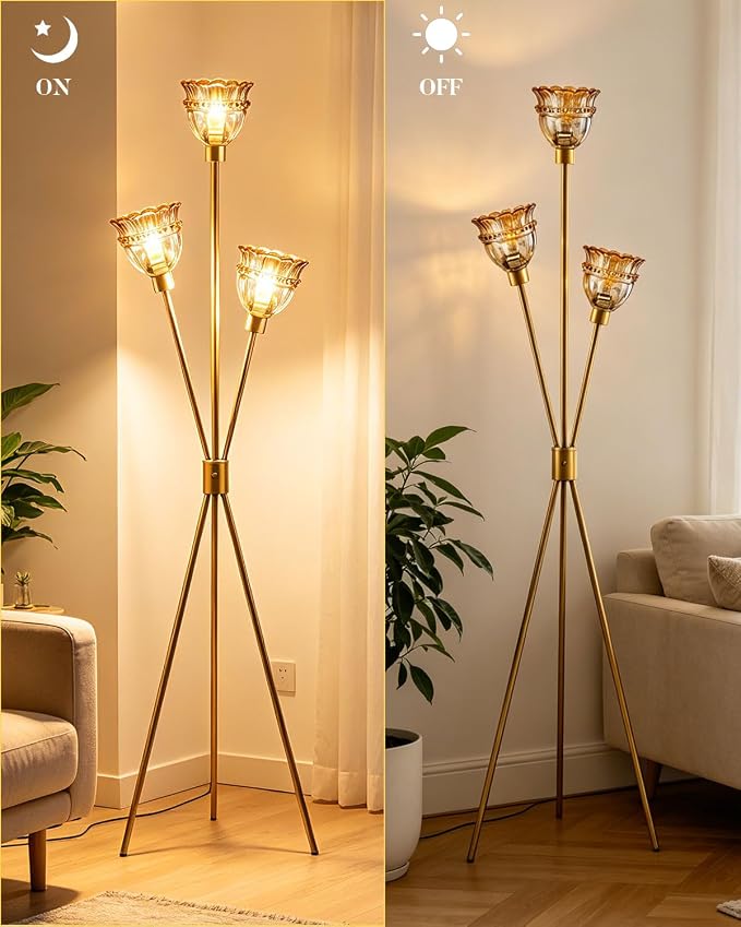 Lightdot 3-Lights Glass Tripod Floor Lamp Gold Dimmable Floor Lamps with 3000K Warm White Bulbs for Wedding Party 62IN Tall Standing Lamp with Amber Glass Shade for Living Room/Bedroom/Home Decor