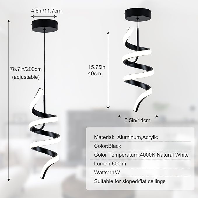 MAYNA Spiral Modern Pendant Light, 4000K Natural White LED Pendant Lights Kitchen Island, 11W Adjustable Height Island Lights for Kitchen Bedroom Dinning Room Living Room, 1 Pack (Black)