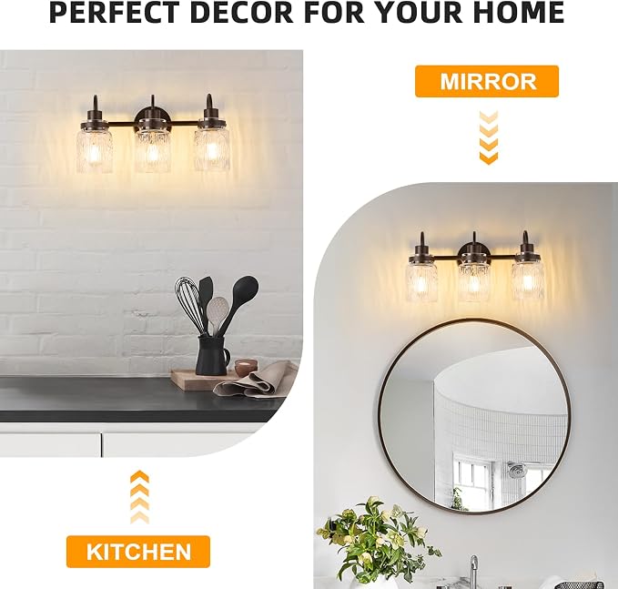 3 Lights Hammered Glass Bathroom Vanity Light, Oil Rubbed Bronze | Easy Installation,Up or Down,Farmhouse Modern Style,E26 Socket,ETL Certification