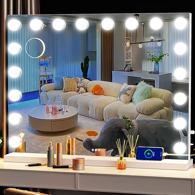 Gvnkvn Vanity Mirror with Lights, 32 x 24 Tabletop Hollyhood Makeup Mirror, Hollywood Lighted Mirror with 18 Dimmable LED Bulbs,3 Colors Modes,Touch Control,Metal Frame,