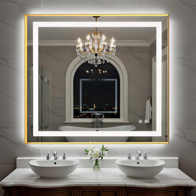 40X36 Inch LED Bathroom Mirror with Lights, Gold Frame Frontlit+ Backlit Bathroom Vanity Mirror for Wall, Ultra-Clear Tempered Glass, Shatter-Proof, Anti-Fog and Memory Function, ETL Listed