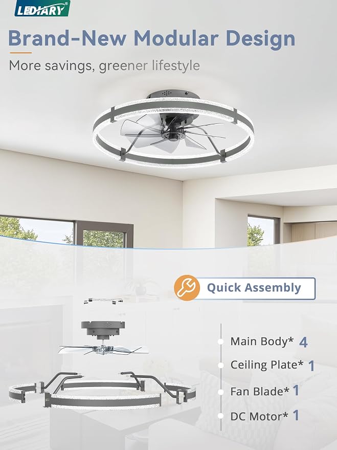 LEDIARY 24'' Modern Low Profile Ceiling Fans with Lights and Remote, Gray | 3000-6000K Dimmable LED, 6 Wind Speeds, Quiet Reversible DC Motor, Small Flush Mount Fandelier for Bedroom, Living Room