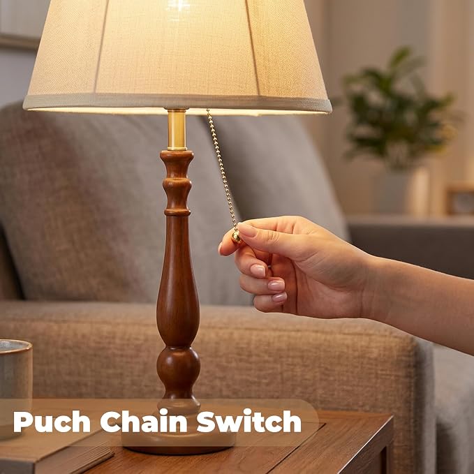 LALISU Farmhouse Table Lamps Rustic Bedroom Lamps for Living Room, 24.41" Boho Bedside Lamp with Chain Switch for Night Stands End Table Office Desk Lamp Nightstand with Linen Shades (Walnut)