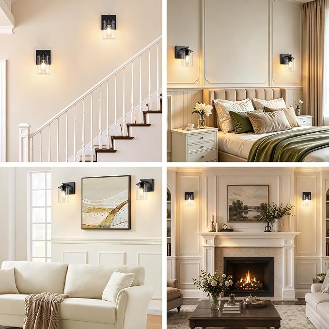 Wall Sconces Set of Two, Modern Bathroom Sconces with Clear Glass Shade, Matte Black Vanity Lights for Bathroom, Farmhouse Wall Light Fixtures for Mirror, Bedroom, Living Room