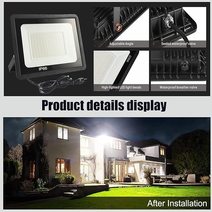 4Pack LED Flood Light Outdoor,100W LED Work Light 11000lmwith 6FT US Plug,IP66 Waterproof Exterior Security Lights,6000K Daylight White Outside Floodlights Slim Design for Playground Yard