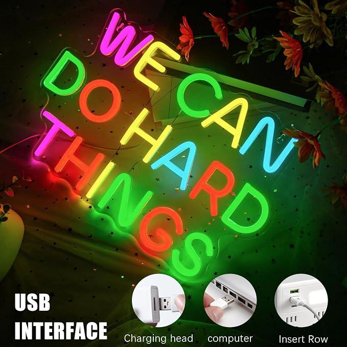 We Can Do Hard Things Neon Sign, Motivational LED Classroom Neon Light | Dimmable USB Powered Colorful Neon Light for Inspirational Classroom, Bedroom, Dorm, Office Decor, Teacher Gift, Student Gift