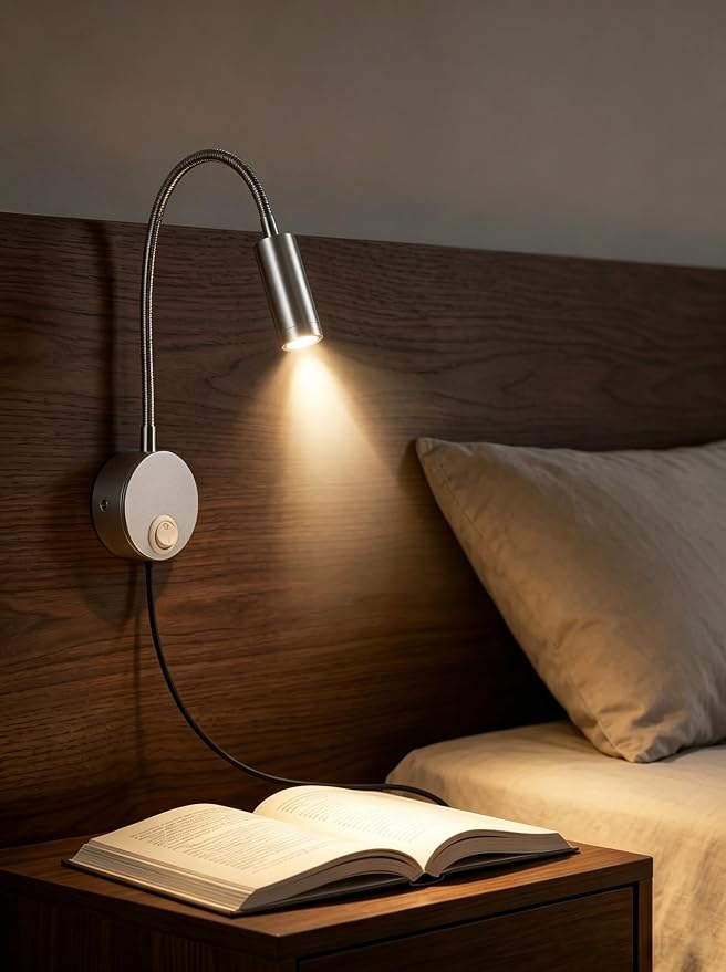 2-Pack Sleek Silver Bed Reading Light Wall Mount Lamp, 25° Focused Beam 3000K Warm White Adjust Neck Lamp, Polished Finish & Sand Silver Base, 4.92ft Plug-in, AC 85-265V
