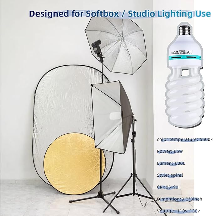 2Pcs 85W Light Bulb 5500K CFL Roas Daylight Spiral Softbox Lighting Kit Bulb in E27/E26 Socket for Photography Photo Box