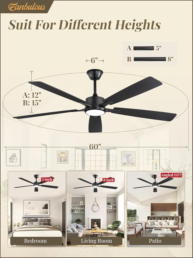 Fanbulous 60 Inch Ceiling Fans with Lights and Remote, Black | Stepless Color Temperature Change & Dimmable 20W LED Ceiling Fan, 6 Speeds Reversible Quiet DC Motor, for Bedroom Living Room