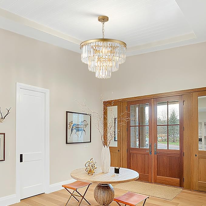 Gold Crystal Chandeliers Modern Round 20" Chandelier 7 Lights Ceiling Pendant Light Fixture Luxury 3-Tier K9 Crystal Lighting for Living Room Dining Room Bedroom Kitchen Foyer