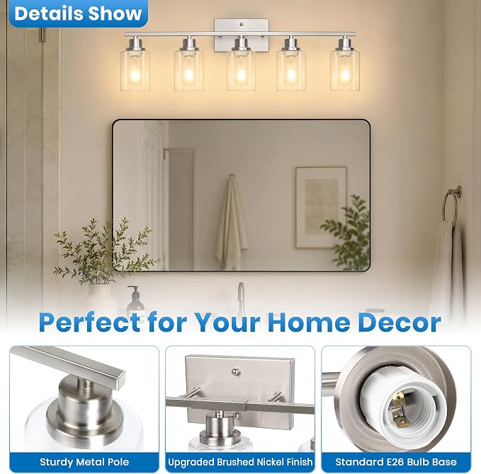 Ascher 5 Light Bathroom Light Fixture, Brushed Nickel Bathroom Lighting Fixtures Over Mirror, Vanity Light with Clear Glass Shade, Wall Sconce for Living Room Bedroom Cabinet, E26 Base