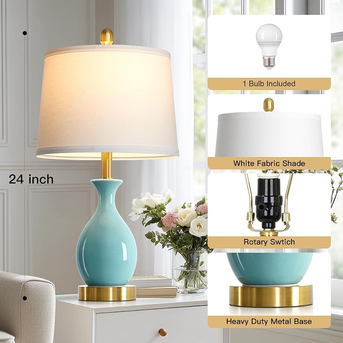 24″ Aqua Blue Ceramic Table Lamp for Living Room, Modern Classic Bedside Lamp for Nightstand, Small Table Lamp for Bedroom End Table (1 Pack)