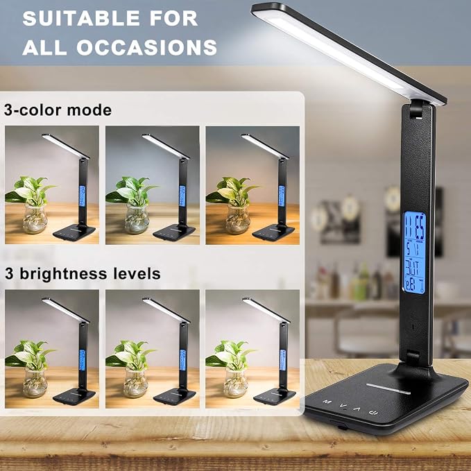 LED Desk Lamp with Wireless Charger, Suitable for Home, Office Dimmable, with USB Charging Port, Built-in Clock, Calendar, Thermometer and Automatic Timing Reading Desk Lamp.