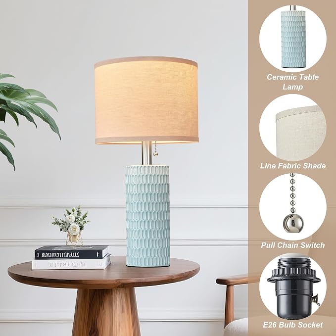 Reaketon 20.5" Modern Ceramic Table Lamps for Bedroom Set of 2, Bedside Lamps for Night Stands with Beige Lampshade, Farmhouse Table Lamp for Living Room Office Dorm, Sky Blue
