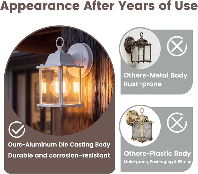 Outdoor Light Fixture, Classic Die-Cast Aluminum & Tempered Glass Porch Light for House, E26 Base (60W Max) Waterproof Wall Lantern for Front Door Garage Garden, ETL Qualified, White, 1 Pack