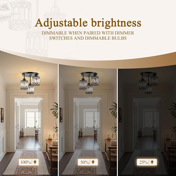 Black Crystal Ceiling Light Fixture, 3-Light, E26 | Modern Semi Flush Mount Ceiling Light, Kitchen Lighting Fixtures Ceiling for Hallway Bedroom Bathroom Laundry Room