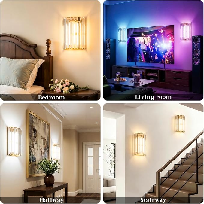 Gold Battery Operated Wall Sconces Set of Two, Crystal Wireless Wall Lights with Remote, Rechargeable Cordless Wall Lamps 12 RGB and 3 CCT Dimmable Decor for Bedroom Living Room Hallway